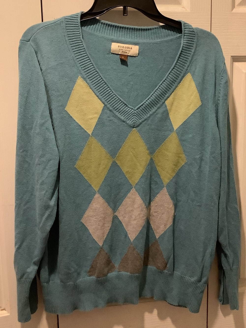 1X Women’s Sonoma Teal V-Neck Argyle Sweater with Green & Gray Diamonds